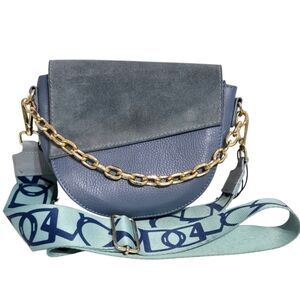Borse In Pelle Leather  Blue Saddle- Style Front Flap Crossbody Bag